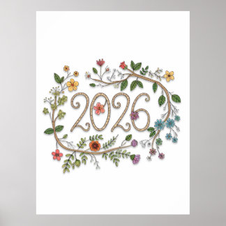 Póster Botanical 2026 Typography with Flowering Vines 