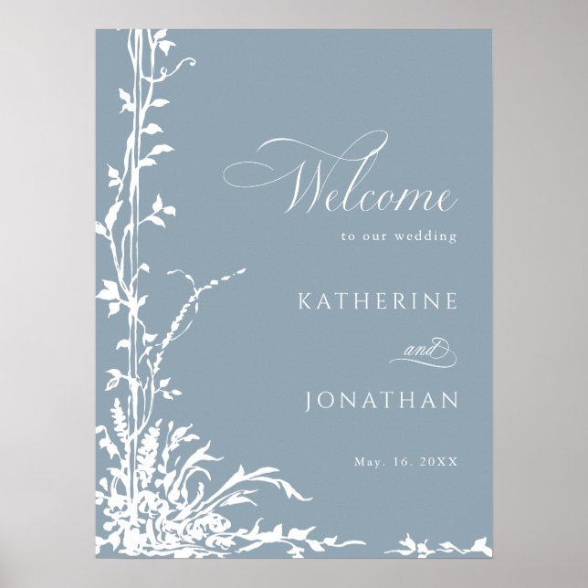 Póster Botanical Arch Garden Dusty Blue Wedding Welcome (Frente)