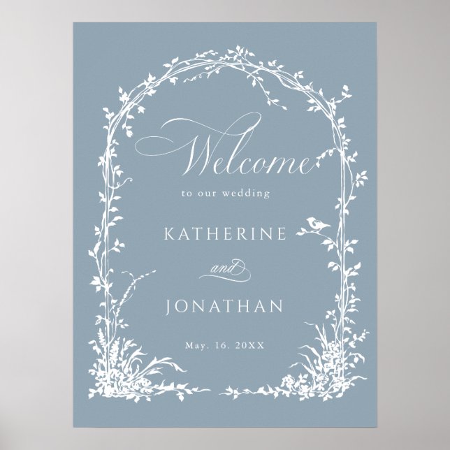 Póster Botanical Arch Garden Wedding Dusty Blue Welcome  (Frente)