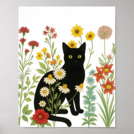 Póster Botanical Nature – Black Cat in Wildflower Garden