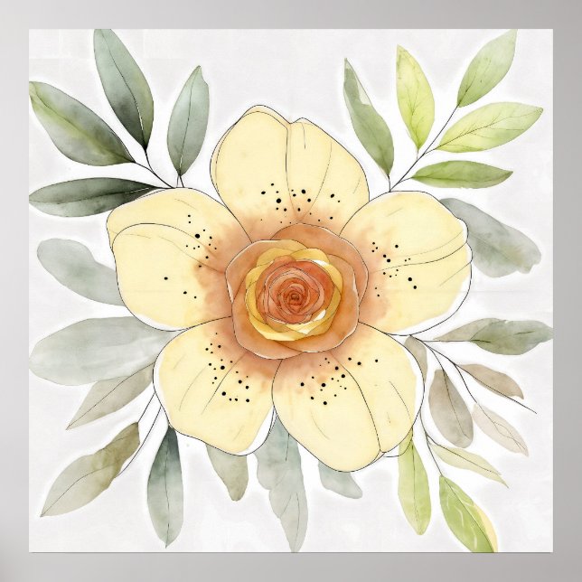 Póster Botanical Watercolor Flower Painting With Foliage (Frente)