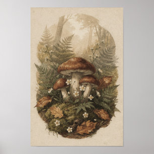 Póster Botánico de Bosque de Hongos de Bosque y He