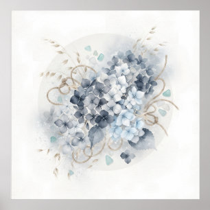 Póster Botánico de Hortensia Gris Azul Dorado