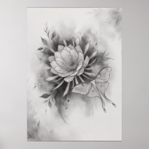 Póster botánico de la polilla luna lotus monocromo