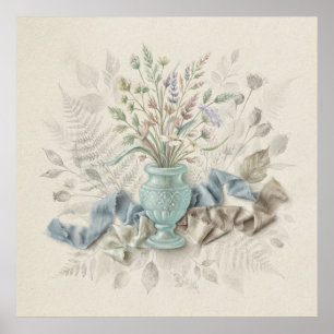 Póster botánico de seda azul con flores silvestres