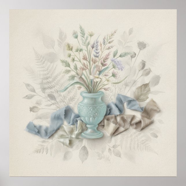 Póster botánico de seda azul con flores silvestres (Frente)