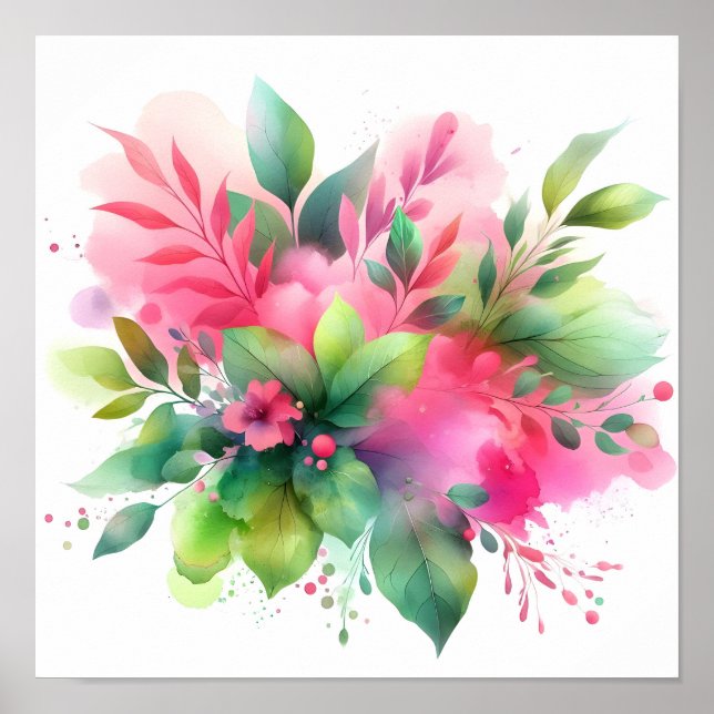 Póster Botánico Floral Acuarela Rosa Verde (Frente)
