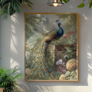 Póster Botánico: pavo real cerca del castillo en jardín i