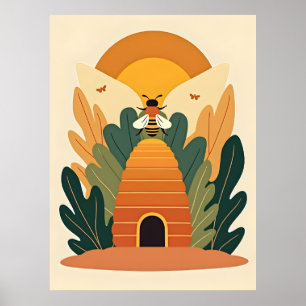 Póster botánico retro de abeja y colmena