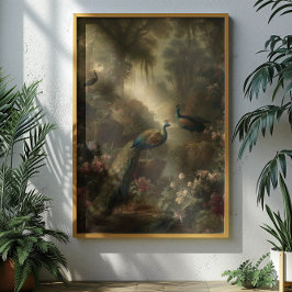 Póster Botánico: tres pavos reales en jardín inglés