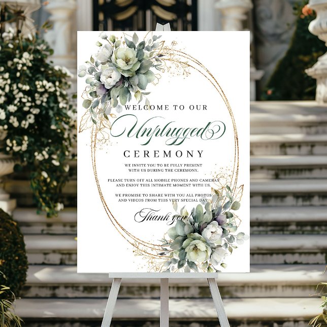 Póster Botánico Verde Oro Ceremonia Desconectada Boda Po (Botanical Green Gold Unplugged Ceremony Wedding Poster)