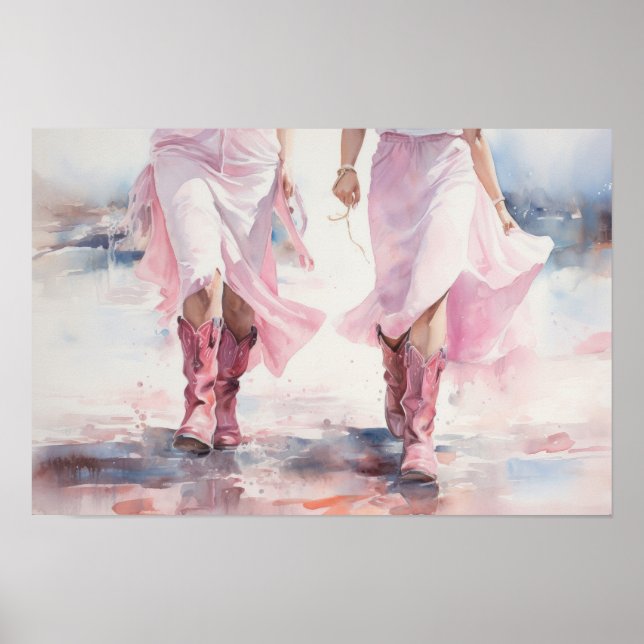 Póster Botas de vaqueras modernas acuarela caminando en l (Frente)