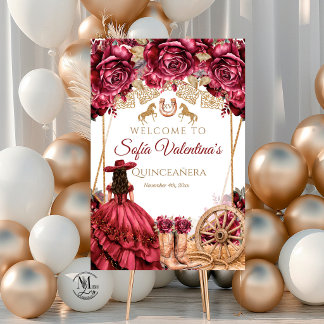 Póster Botas de vaquero Burgundy Gold Charra Quinceañera