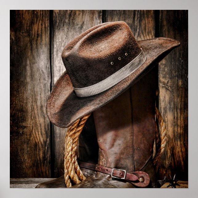 Póster botas de vaquero de madera marrón del país occiden (Frente)