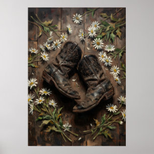 Póster Botas de Vaquero del Oeste y Margaritas Pos Floral