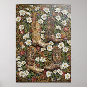 Póster Botas vaqueras occidentales vintage patrón floral 