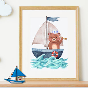 Póster Bote de marinero con ola de niño de verano náutico