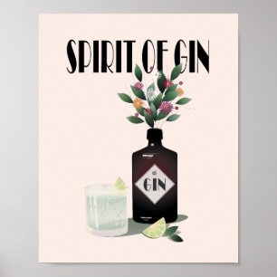 Póster Botella de Gin y flores   Ilustracion para Gin Lov