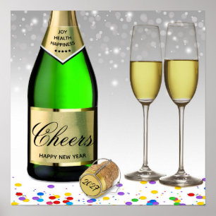 Póster Botella de vino burbujeante Feliz Año Nuevo 2027
