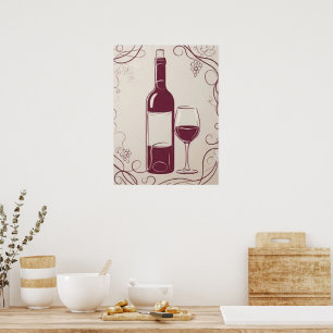 Póster Botella de Vino Tinto Clásico y Vidrio Elegante Bo