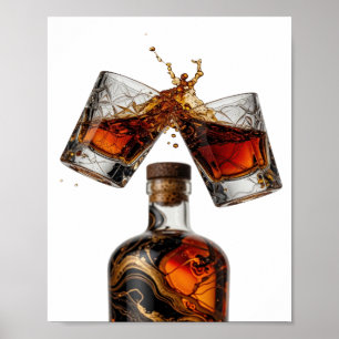 PÓSTER BOTELLA DE WHISKY Y VASOS DE PLATA CON SALPICADURA