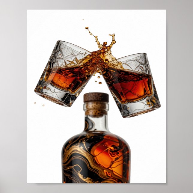 PÓSTER BOTELLA DE WHISKY Y VASOS DE PLATA CON SALPICADURA (Frente)