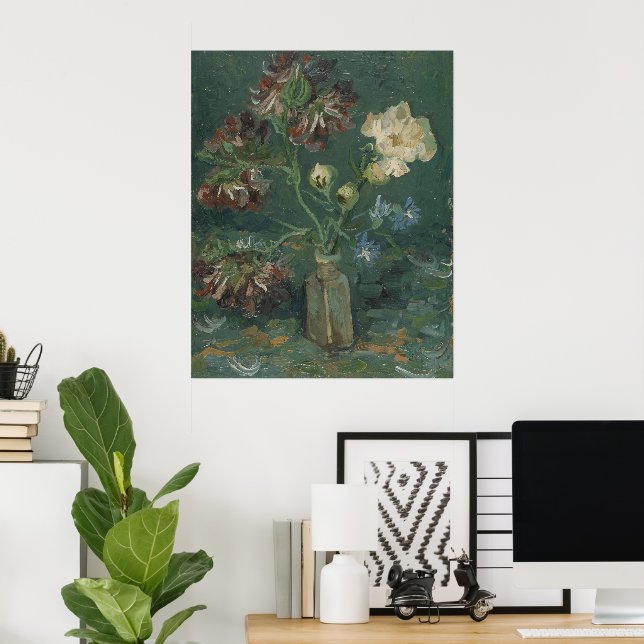Póster Botella Van Gogh con Peonies y Delfinos Azules (Oficina en casa)