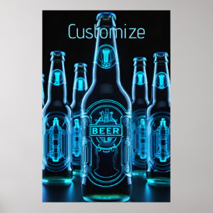 Póster Botellas de cerveza Blue Neon