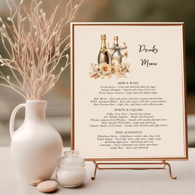 Póster Botellas de menú de bebidas y Boda neutral de flor (Drinks Menu poster from the Romantic Wedding Signs collection by Darling & May)