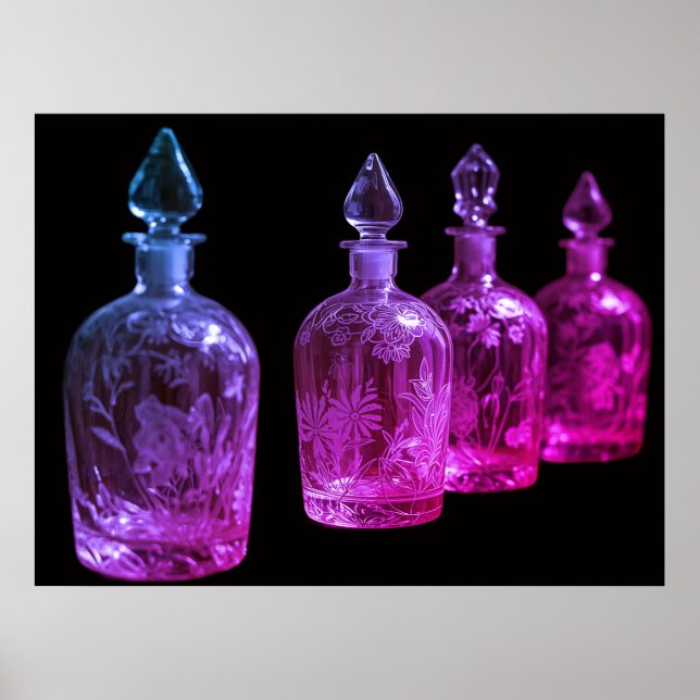 Póster Botellas de perfume de vidrio retro grabadas en ro (Frente)