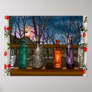 Póster Botellas de vidrio en la ventana llena de gotas de