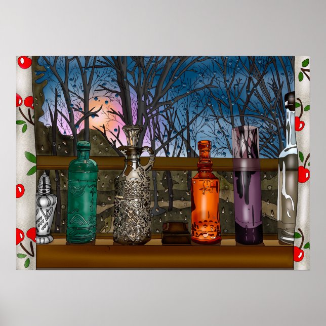 Póster Botellas de vidrio en la ventana llena de gotas de (Frente)
