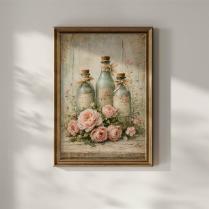Póster Botellas de Vidrio Floral Antiguas