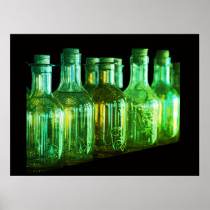Póster Botellas de vidrio retro de color verde tapadas en