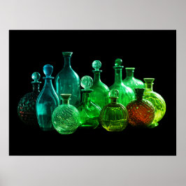 Póster Botellas de vidrio verde brillante pared de fondo 