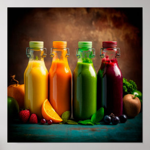 Póster Botellas de zumos de frutas y verduras.