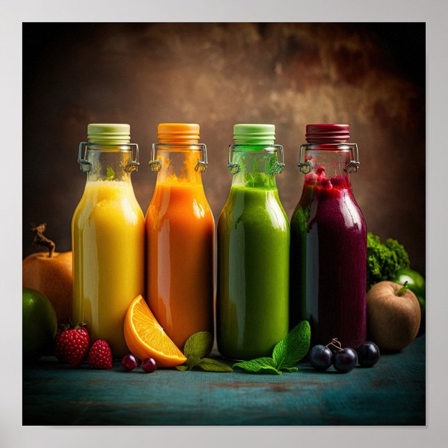 Póster Botellas de zumos de frutas y verduras. (Frente)