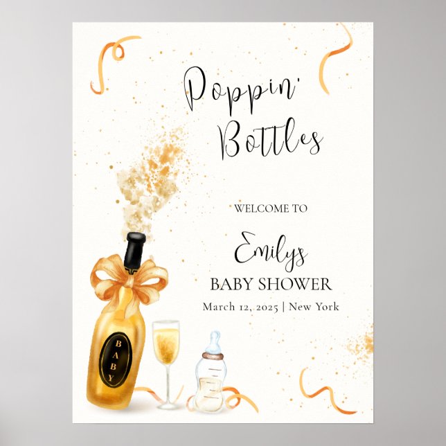 Póster Botellas Gold Poppin Champagne Baby Shower Bienven (Frente)