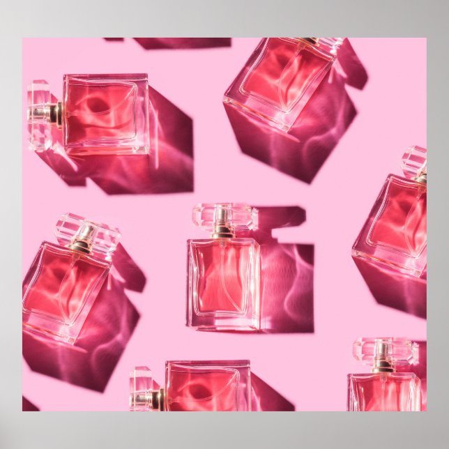 Póster Botellas perfumes, fondo rosado, liofilizado (Frente)