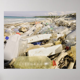 Póster Botellas plásticas y vertimiento oceánico en un oc