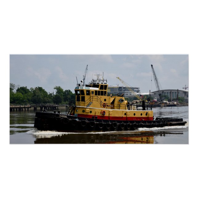 Póster Botes de remolque trabajando en el río (Anverso)