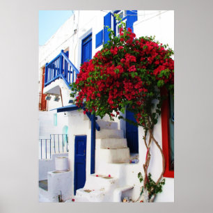 Póster Bougainvillea fuera de una casa, POSTER de Grecia