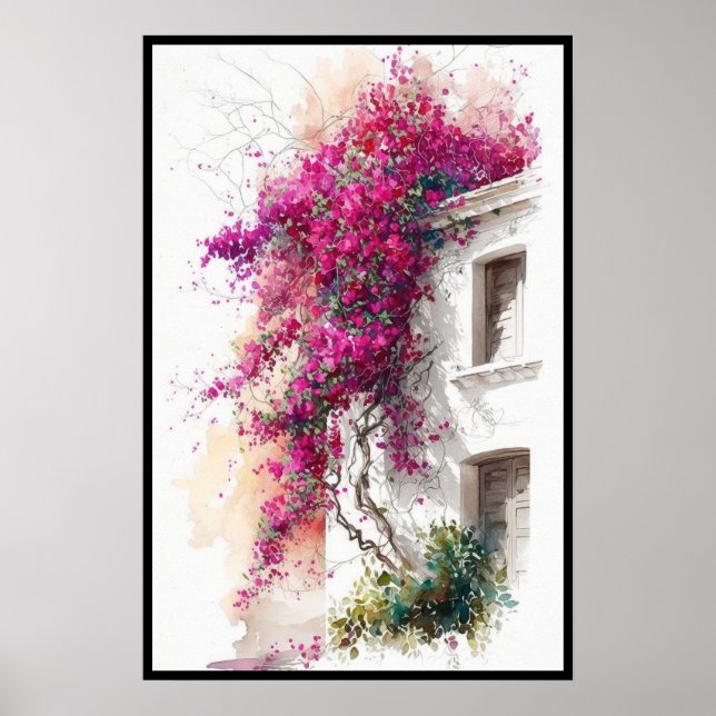 Póster Bougainvillea púrpura en la acuarela de Eaves (Frente)