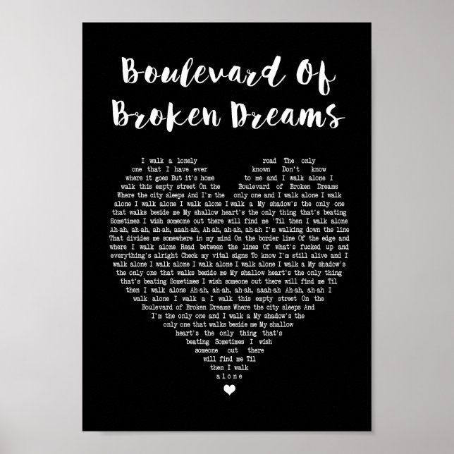 Póster Boulevard Of Broken Dreams Black Heart Song Lyric (Frente)
