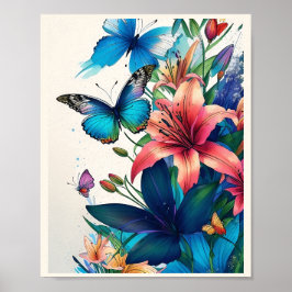 Póster Bouquet de flores y mariposas coloridas