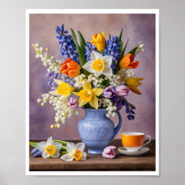 Póster Bouquet de primavera de alegres Daffodils Tulips T