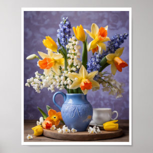 Póster Bouquet de primavera de Daffodils Hyacinths Blue V