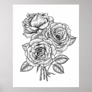 Póster Bouquet de rosas en blanco y negro