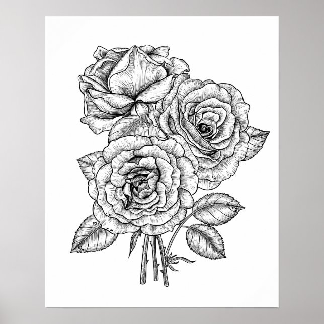 Póster Bouquet de rosas en blanco y negro (Frente)