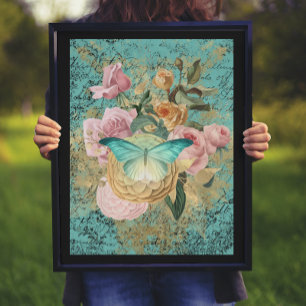Póster Bouquet floral y mariposa de época
